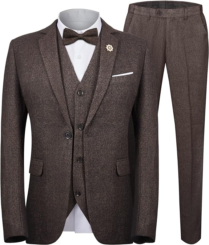 MAGE MALE Men’s 3 Piece Suit One Button Notch Lapel Thicken Slim Fit Suit with Brooch